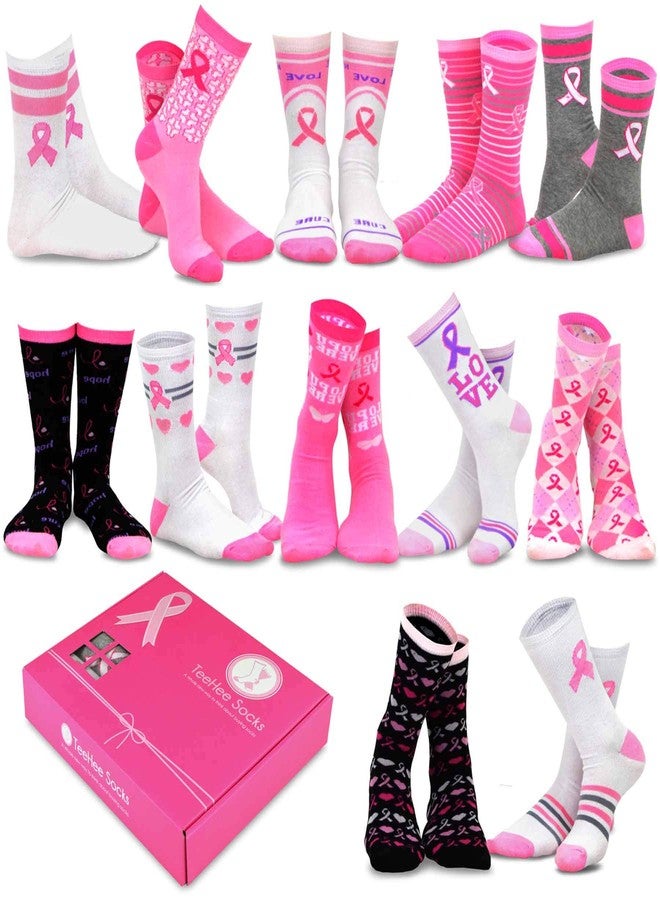 TeeHee Socks Pink Ribbon Breast Cancer Awareness Crew Socks with Gift Box for Women 9-11 12-Pair (Gift 12pk-Pink Ribbon) - Image 1